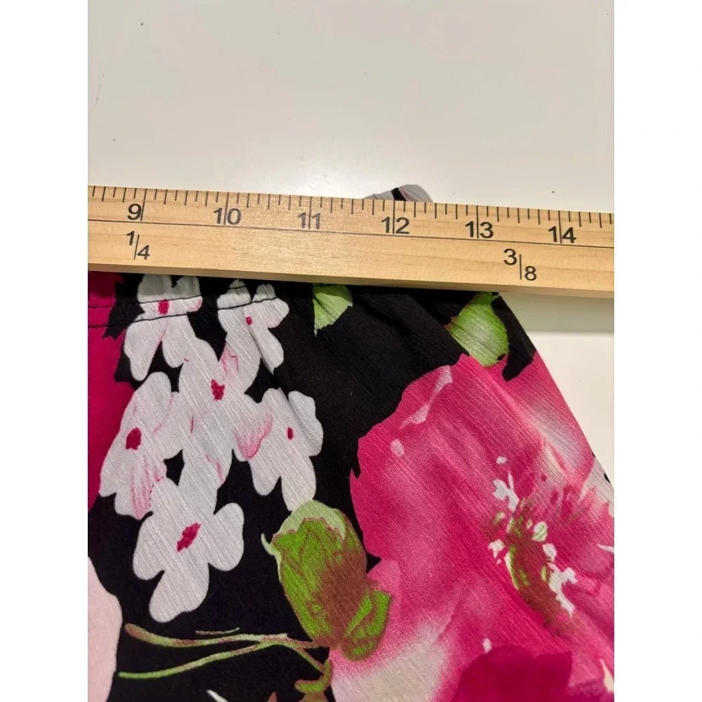 Black Floral Midi Skirt Women's Sz PM Flowy Ruffle Hem Boho Cottage Prairie - Picture 10 of 14